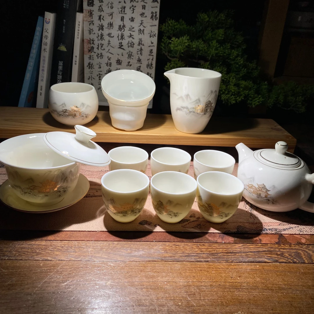羊脂玉瓷功夫茶具套装高档亭台楼阁悬停盖碗龙壶茶杯主人杯