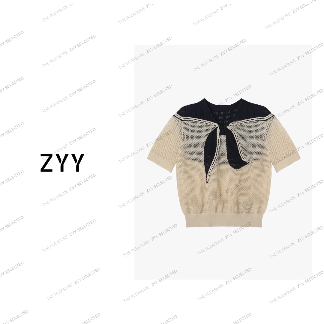 ZYY【雨后伦敦】2025S/S新品时尚海军领镂空毛针织衫短袖X25CZZ0040