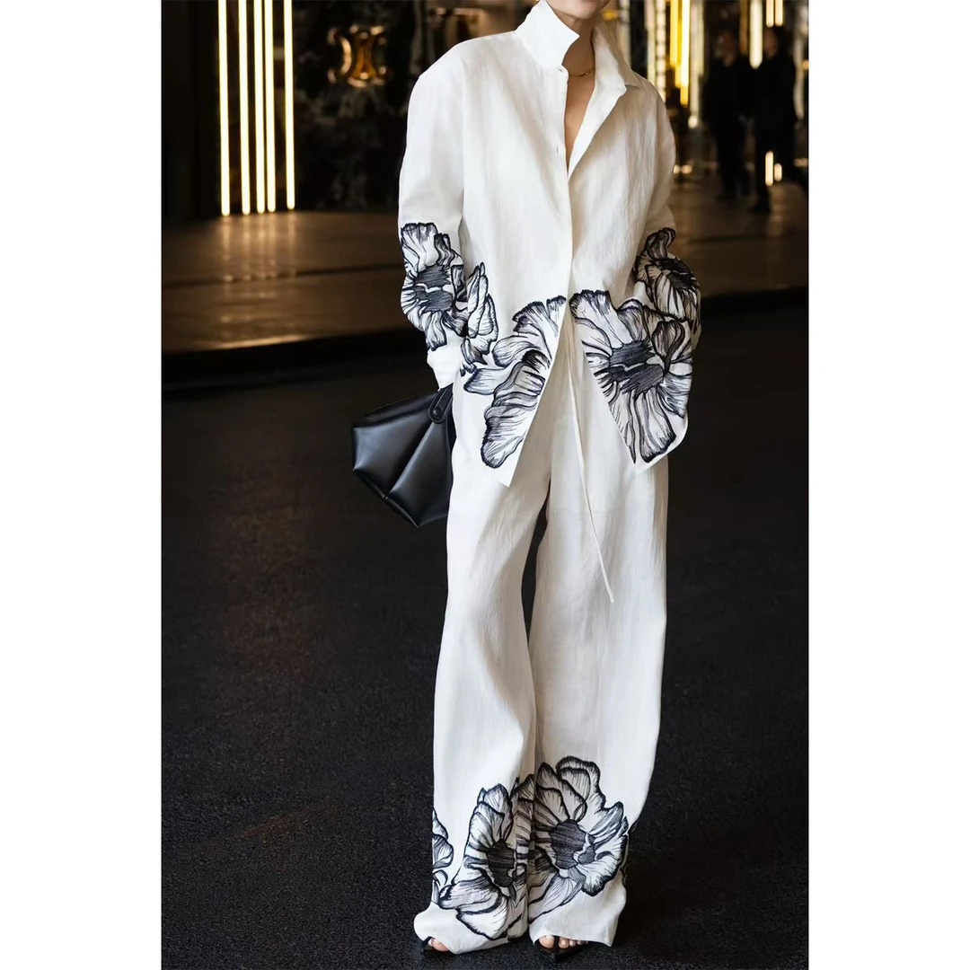 老钱风高端亚麻套装女水墨印花宽松长袖衬衫阔腿长裤松弛感两件套