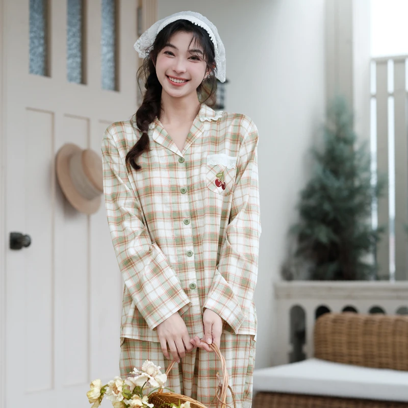 芬腾睡衣女春秋季长袖长裤开衫V领开衫可外穿休闲宽松家居服套装