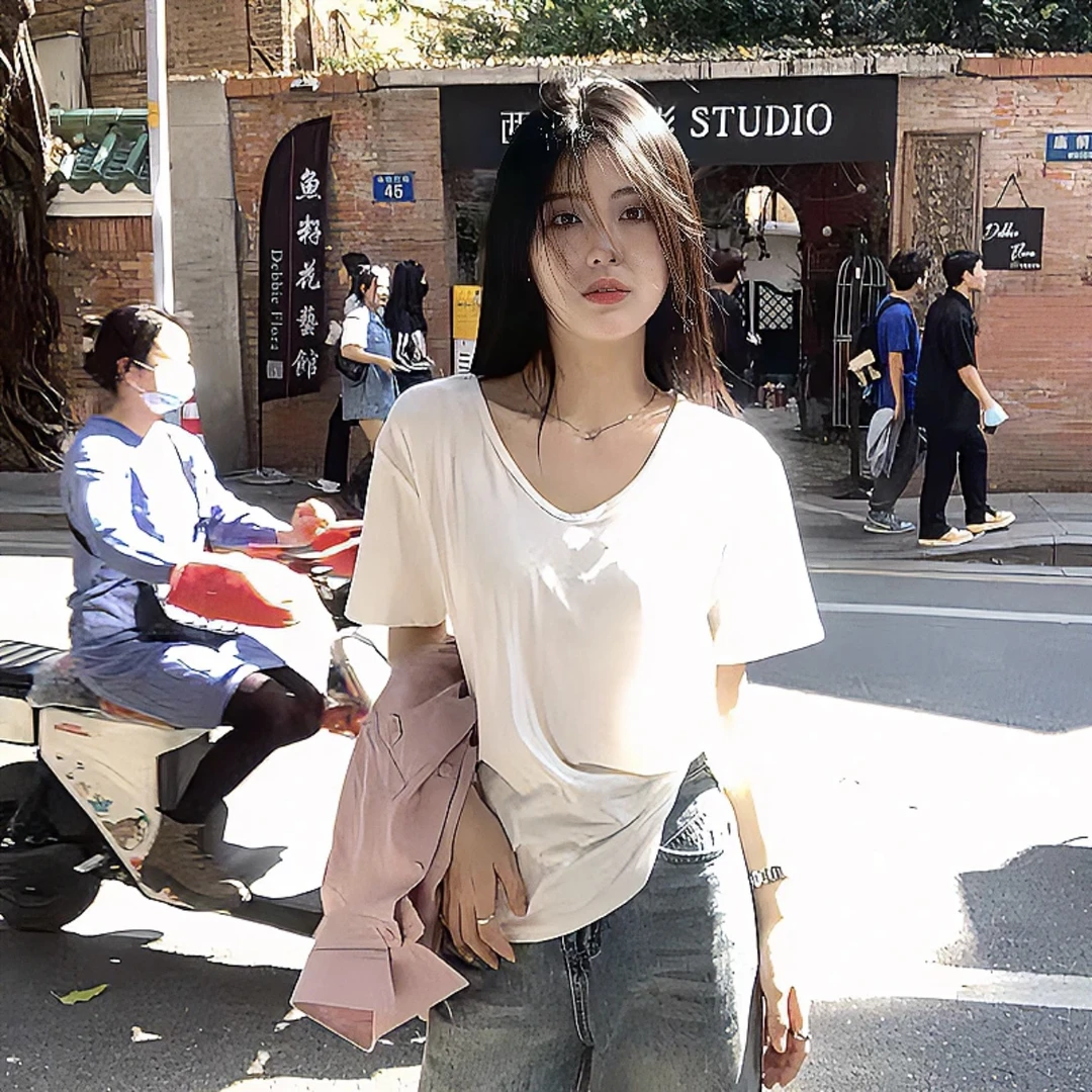 2025夏季新款纯色白色大v领宽松慵懒感弹力短袖t恤女宽松体恤上衣