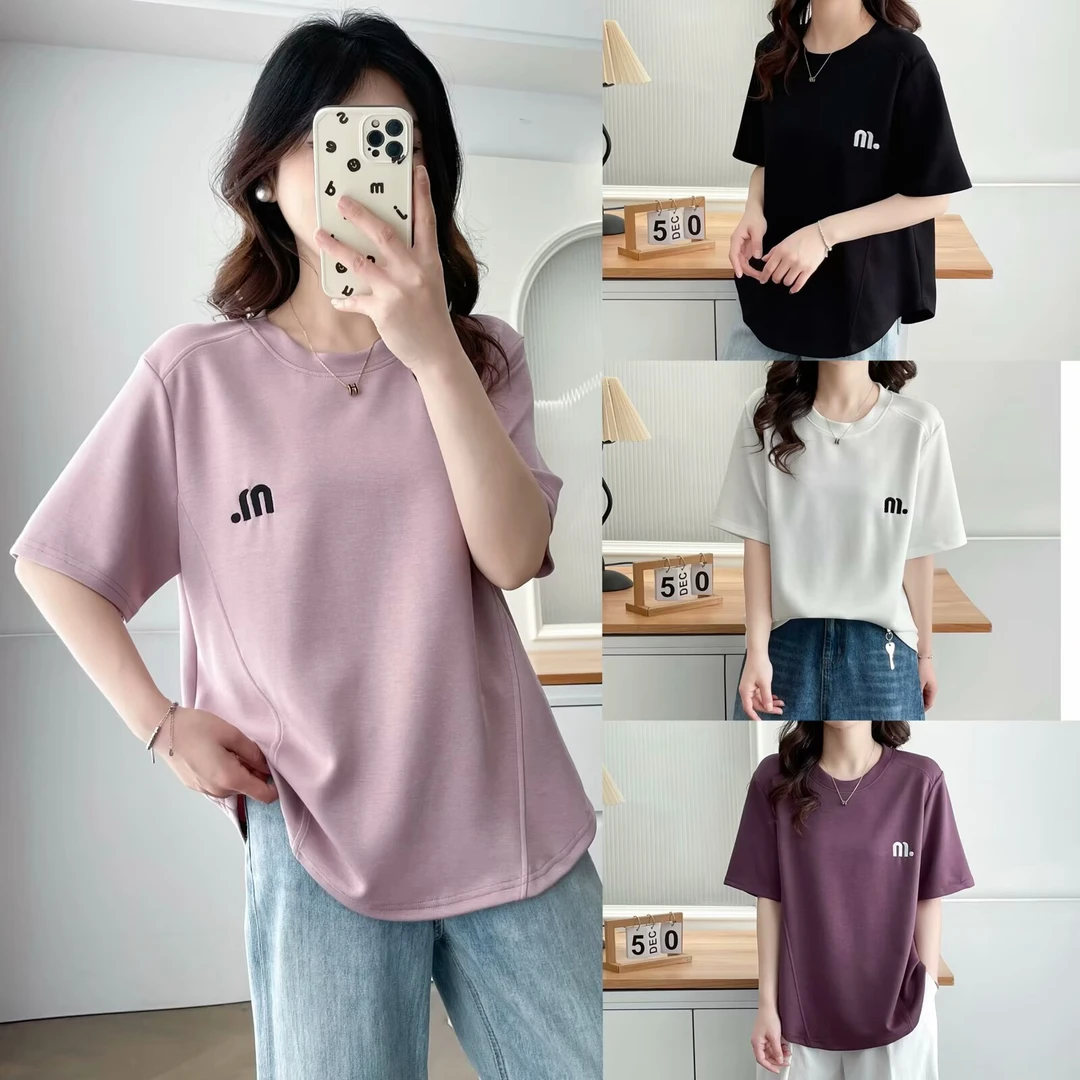 大码胖mm洋气减龄字母刺绣圆领T恤夏季新款正肩宽松遮肉休闲上衣