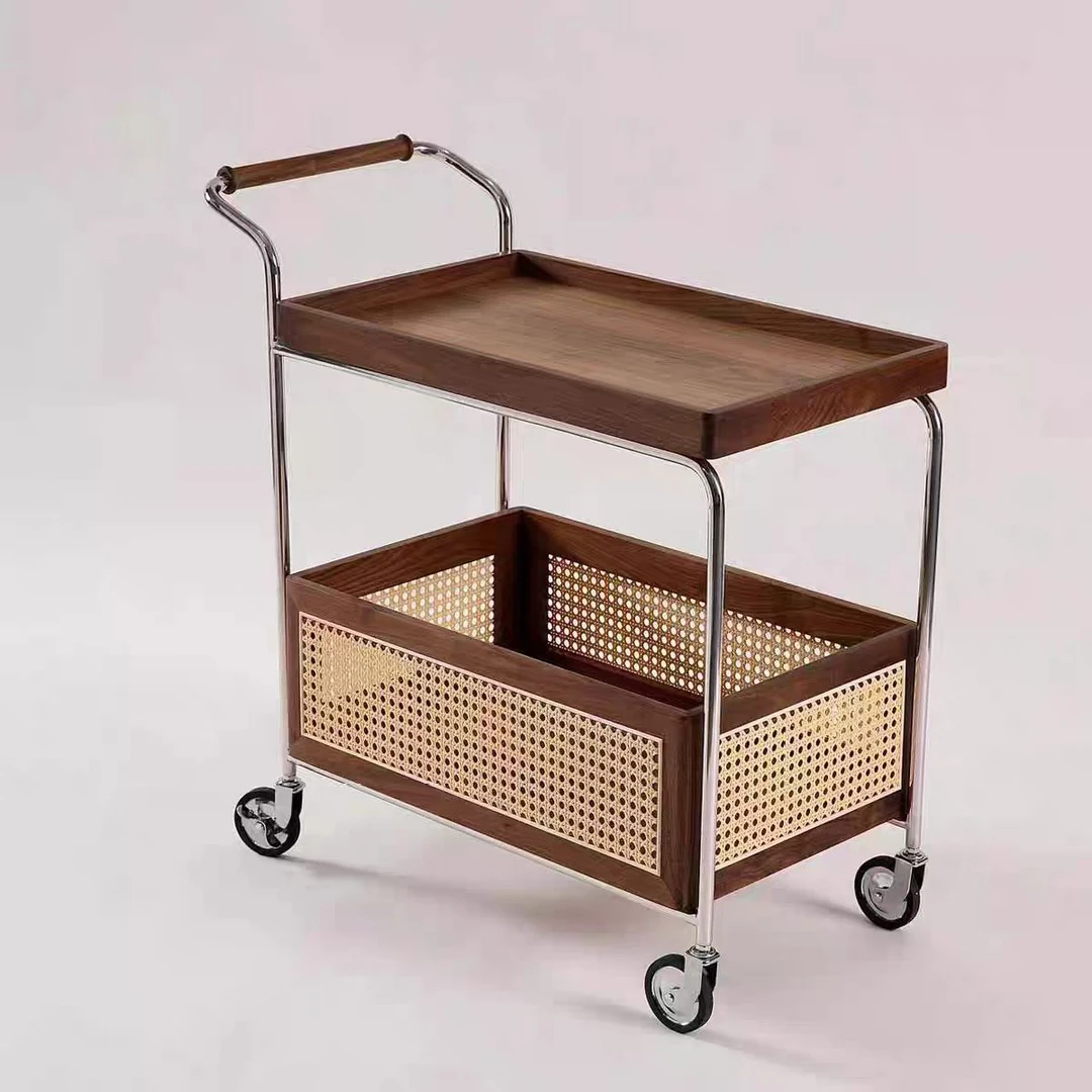 黑胡桃木藤编家用收纳置物篮筐客厅沙发茶几阳台茶桌家用移动推车