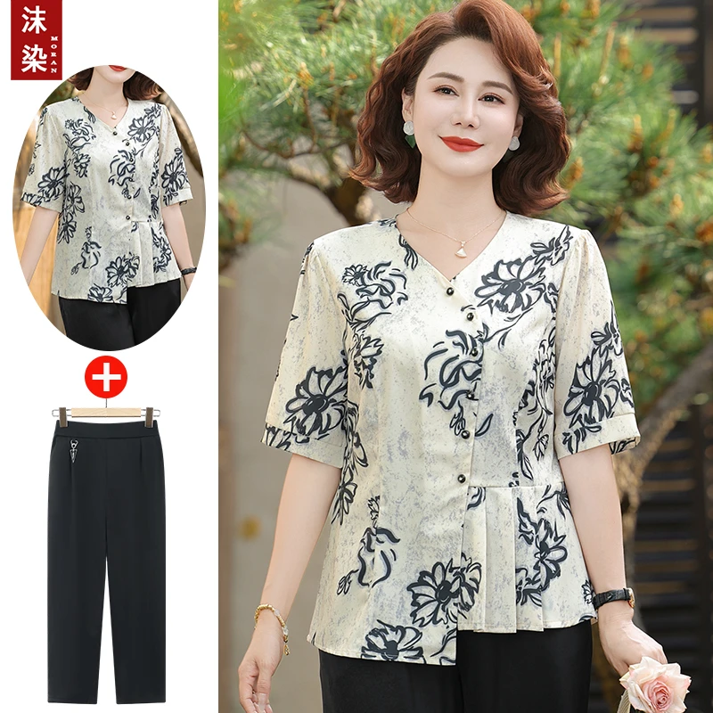 夏季新款中老年妈妈装短袖小衫气质时尚女装宽松薄款雪纺妈妈装