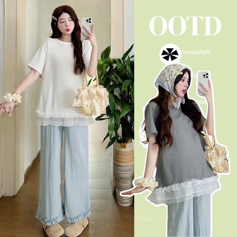 孕妇装蕾丝短袖T恤夏季2025新款韩版宽松体恤潮妈遮肉显瘦上衣