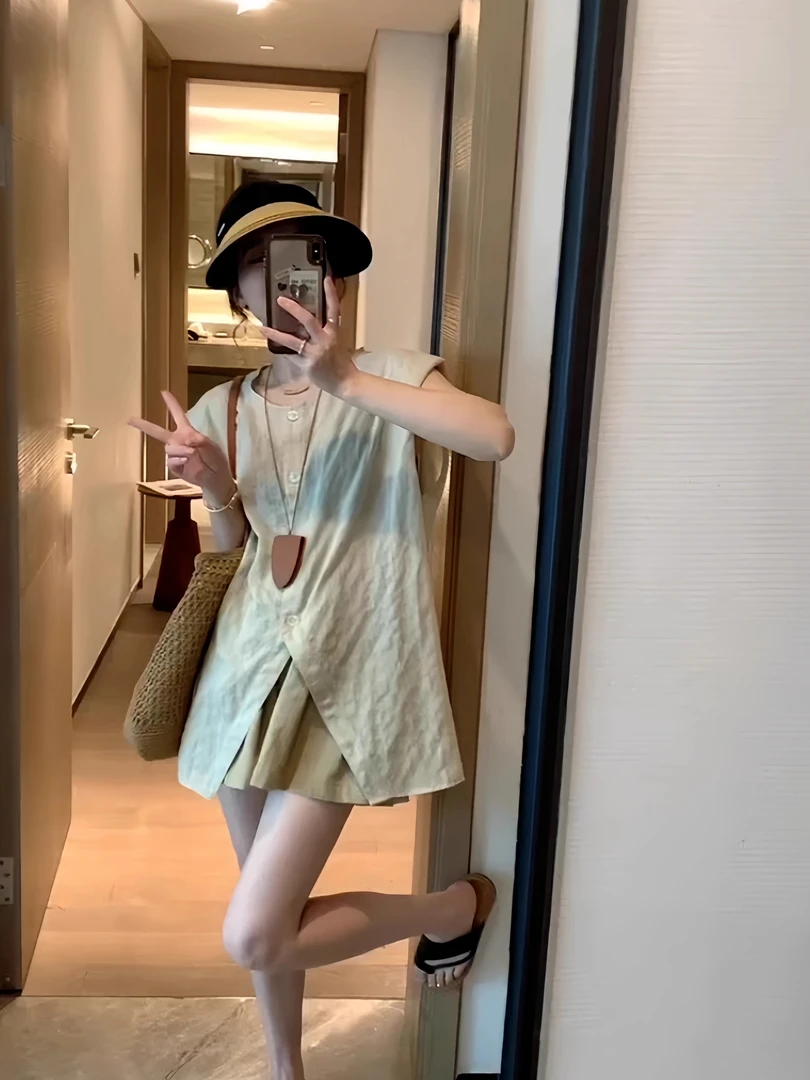 杏色设计感圆领短袖衬衫女别致显瘦上衣ins潮#z901