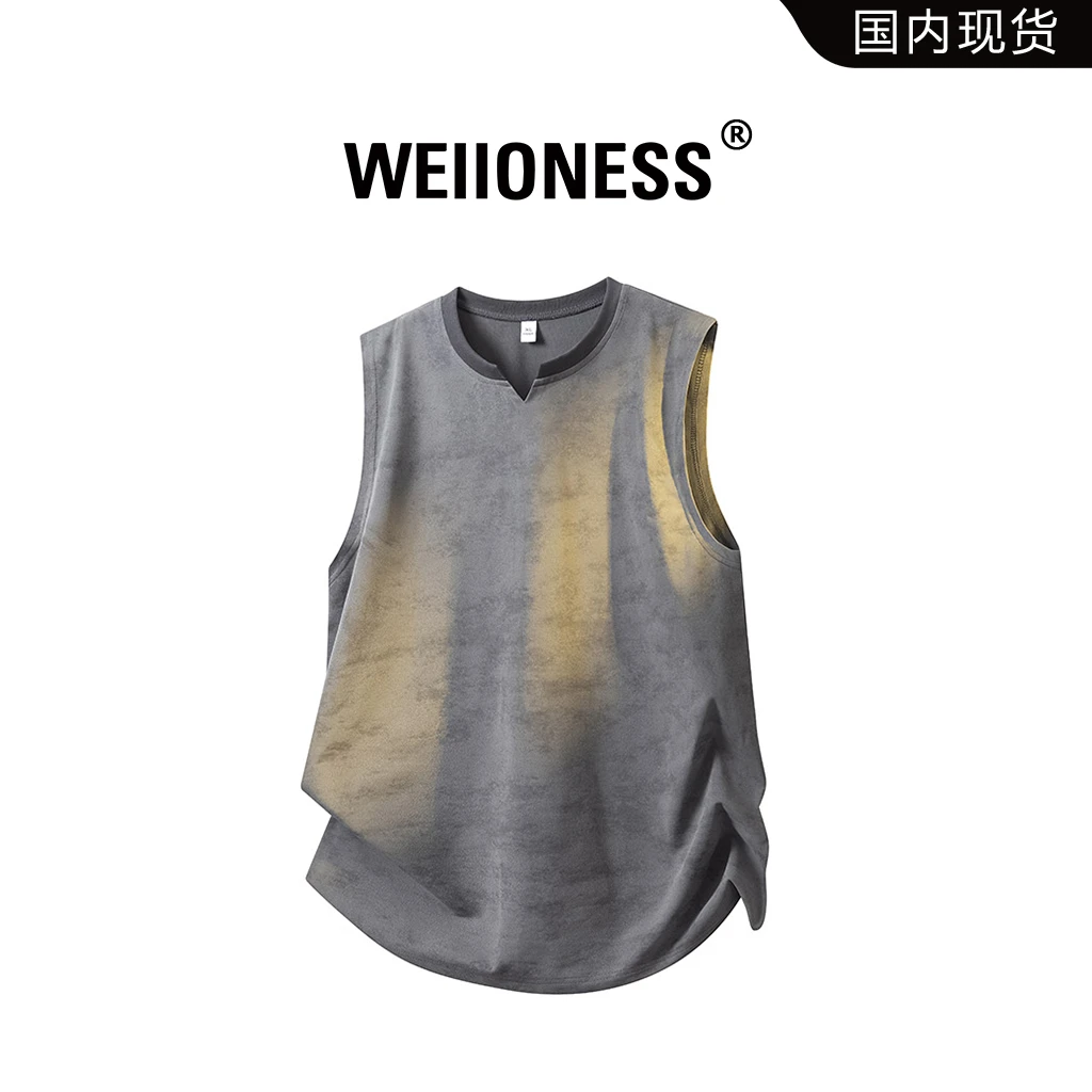 WEIIONESS冰丝美式扎染无袖背心男夏季运动坎肩V领短袖高级感男装