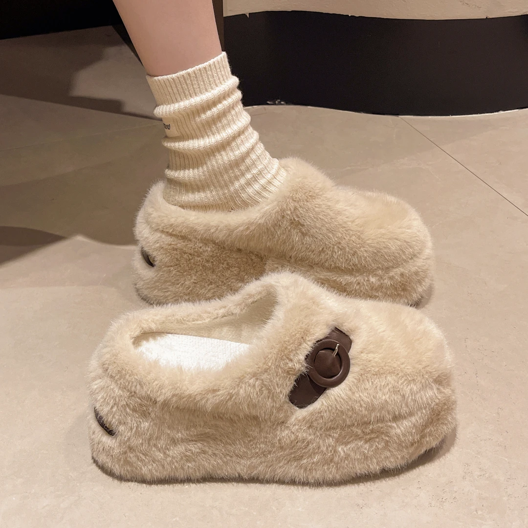 厚底增高坡跟毛毛拖鞋女外穿2025秋冬新款水貂毛茸茸包头半拖棉拖