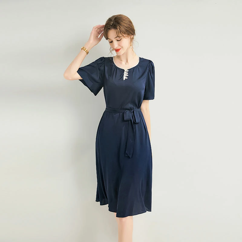 真丝连衣裙女夏新款法式圆领收腰极简风撞色重磅双乔桑蚕丝a字裙