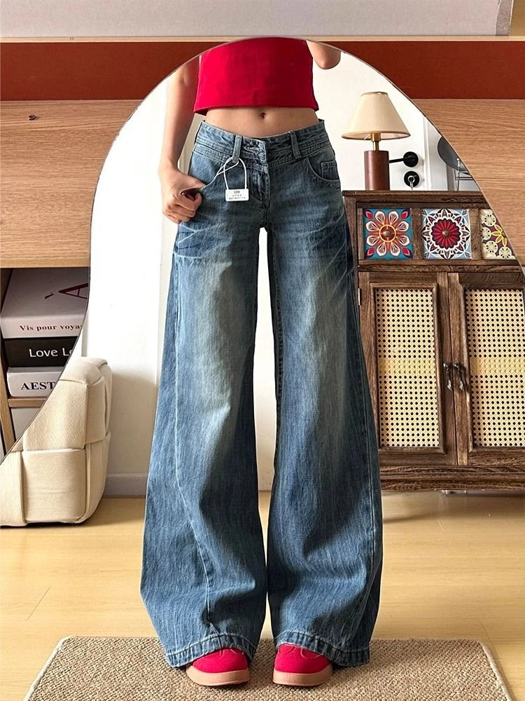 美式复古水洗阔腿牛仔裤女夏季新款低腰宽松显瘦不贴腿微喇拖地裤