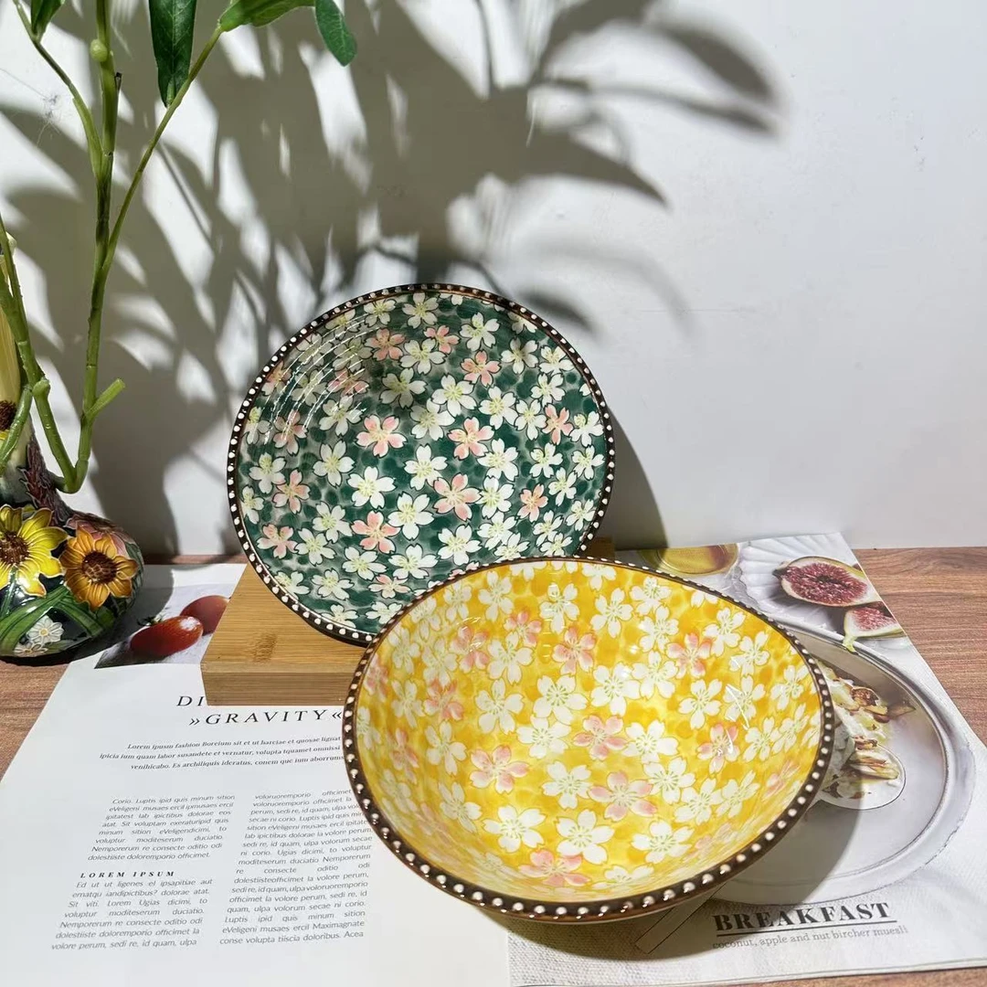 【精选】黄加绿色樱花-7.25寸螺纹珠点异形碗两个装