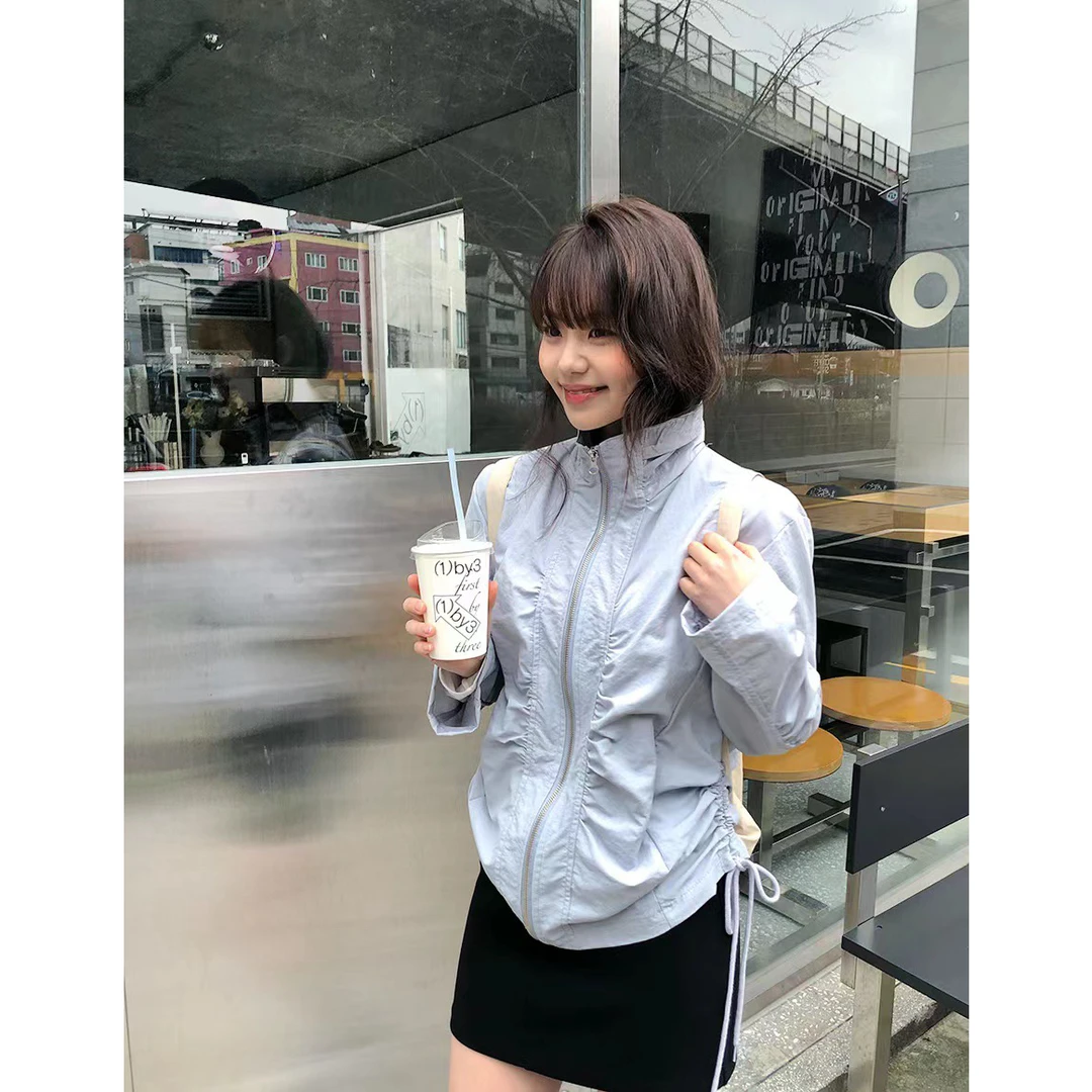 大量现货  韩国ins  侧边抽绳褶皱拉链短款防晒