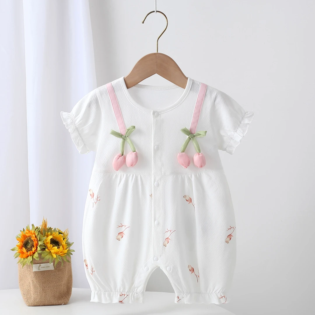 夏款婴儿连体衣新生儿无骨哈衣女宝短袖连身衣薄款爬服0-1岁可爱