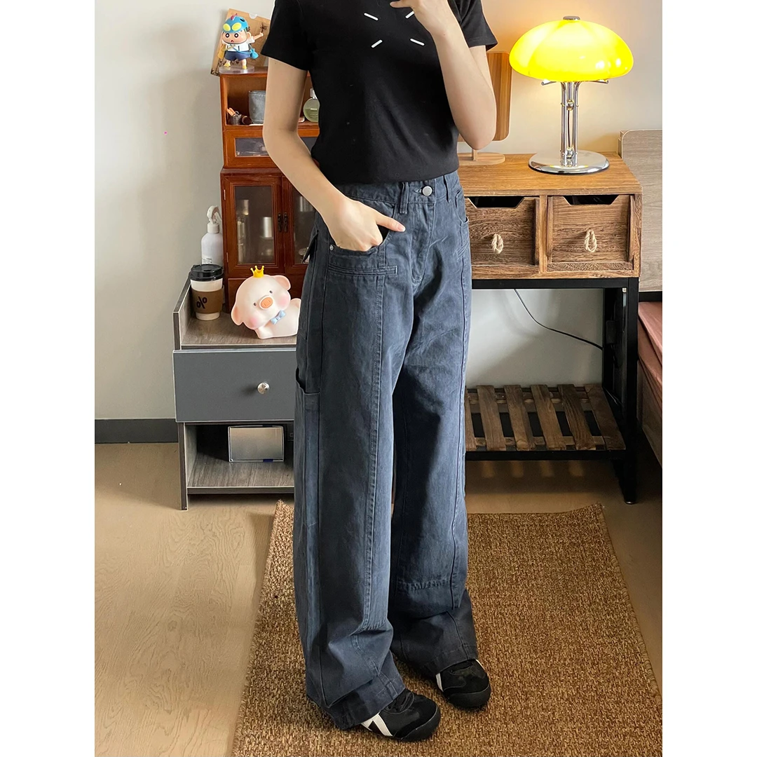 阿渔快跑美式复古水洗直筒工装牛仔裤男女宽松显瘦百搭休闲潮长裤