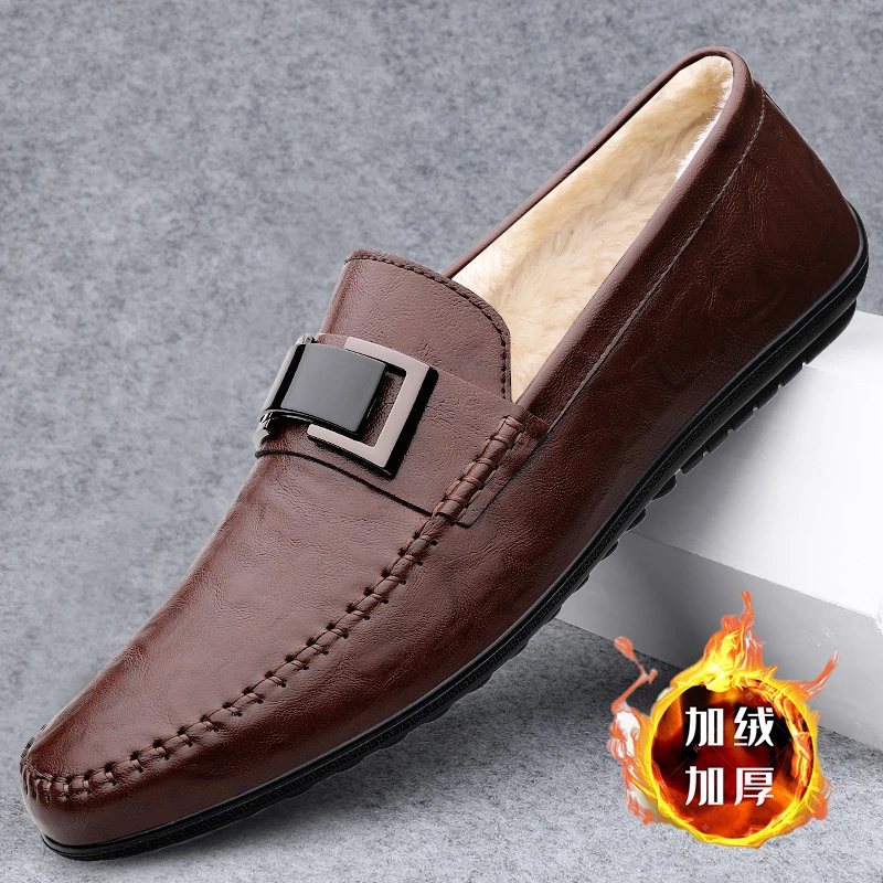豆豆鞋男加绒保暖商务休闲鞋时尚百搭舒适一脚蹬皮鞋防滑耐磨男鞋