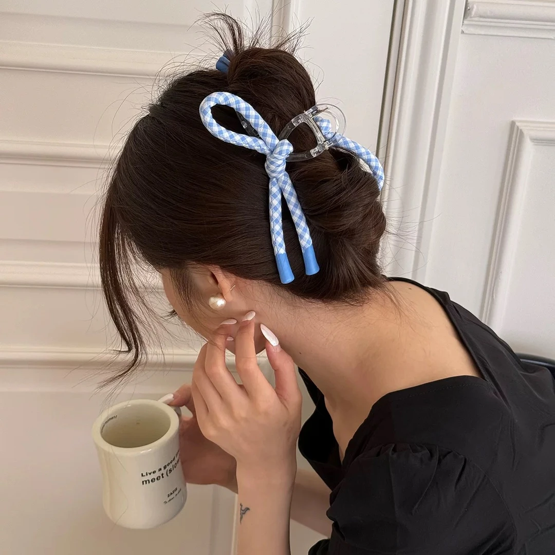 LAPHE 闭眼入轻奢款鲨鱼夹拍照好看蓝色格子蝴蝶结好用盘发抓夹