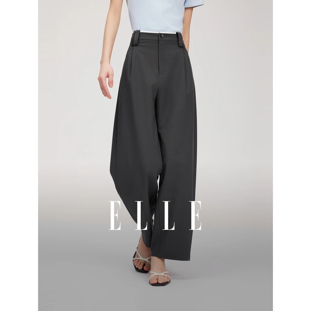 【黄蓉推荐】ELLE灰色休闲西装裤女25夏透气弯刀裤EK51330