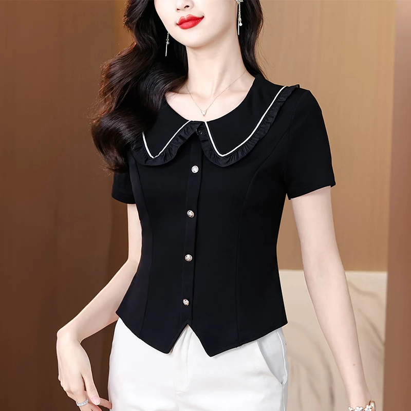 夏季修身法式收腰气质短款娃娃领短袖上衣洋气减龄时尚别致T恤女