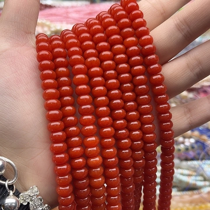 玛瑙/玉髓珠宝半成品未镶嵌一条8mm左右柿子红南红算盘珠