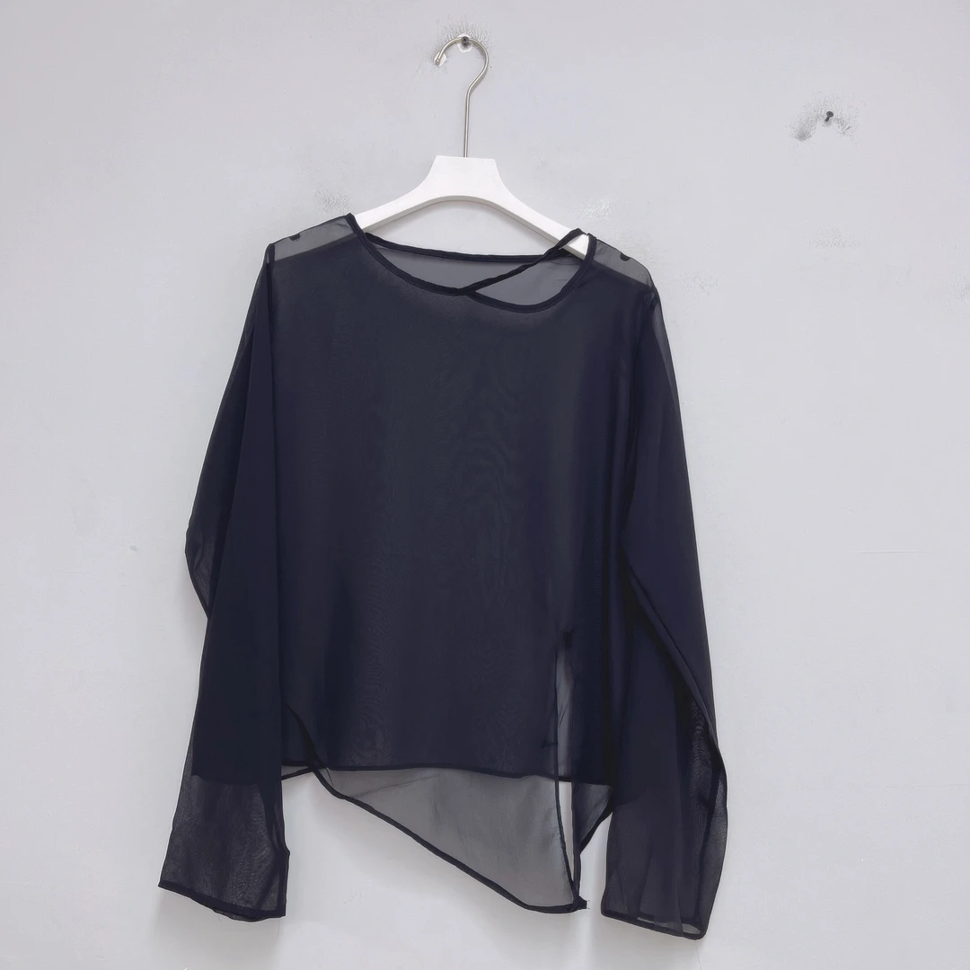 200女装衬衫时尚休闲百搭黑色不规则轻薄衬衫