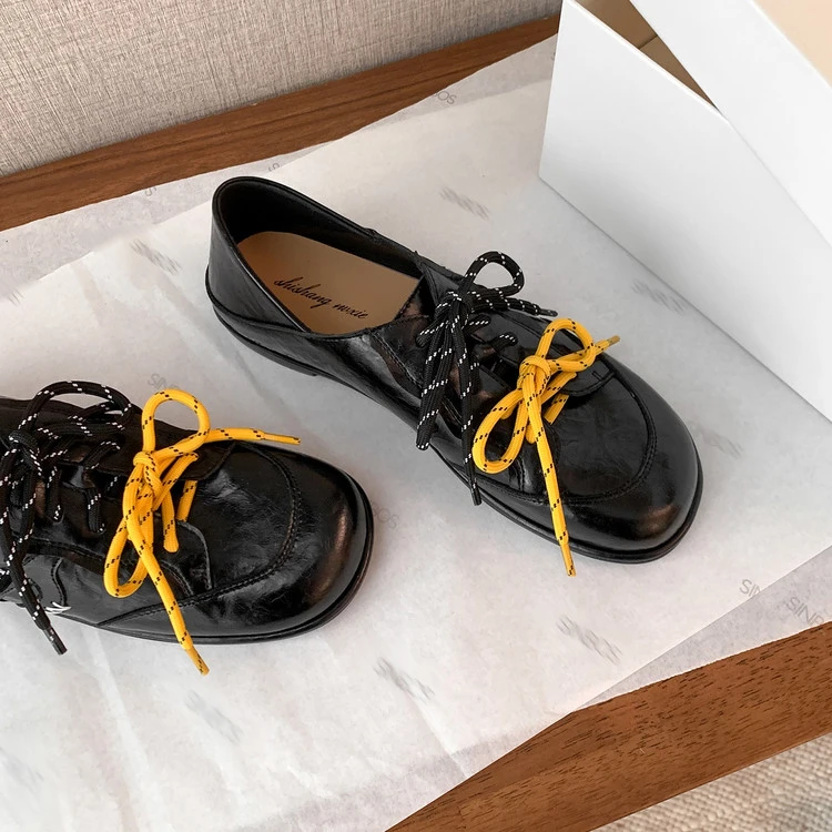 VICEN FIFI/1cm/头层牛皮乐福鞋圆头系带2025新款百搭休闲小皮鞋