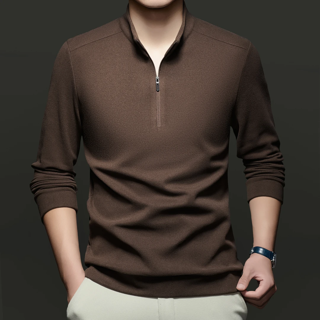 美拉德色368含骆驼绒蚕丝半拉链秋季男士T恤衫上衣纯色中年高档