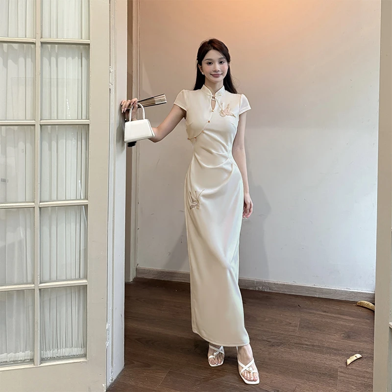 运补6-8r 新中式蝴蝶印花改良旗袍女2025秋季新款国风包臀修身裙