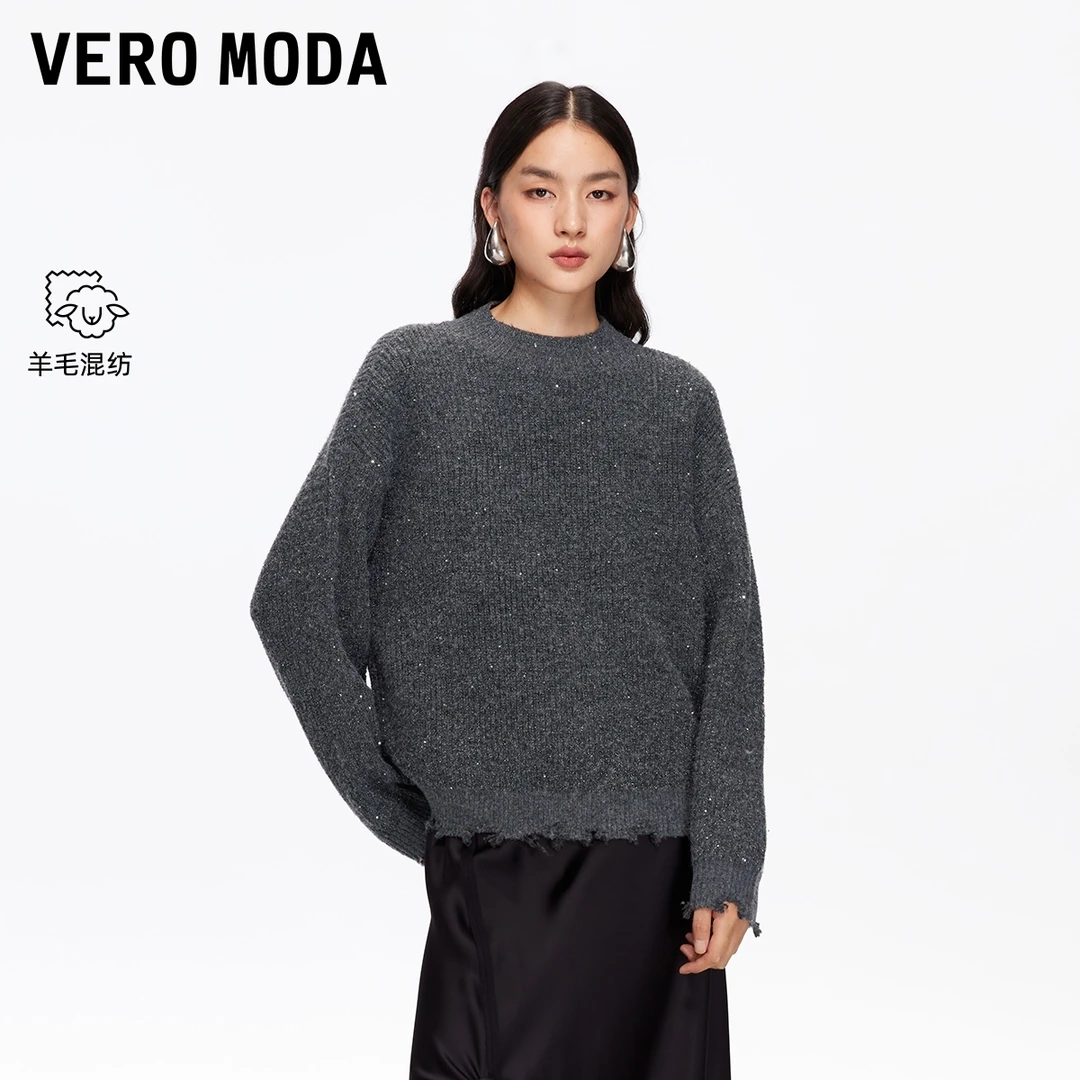Vero Moda毛衣2025秋冬新款含绵羊毛落肩袖亮丝宽松上衣325425001