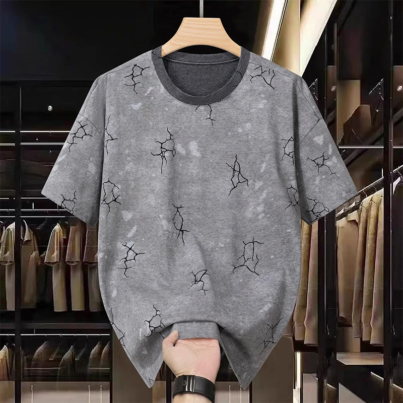 夏季特大码男装高级感烧花重磅棉短袖T恤男士夏季宽松半袖体恤