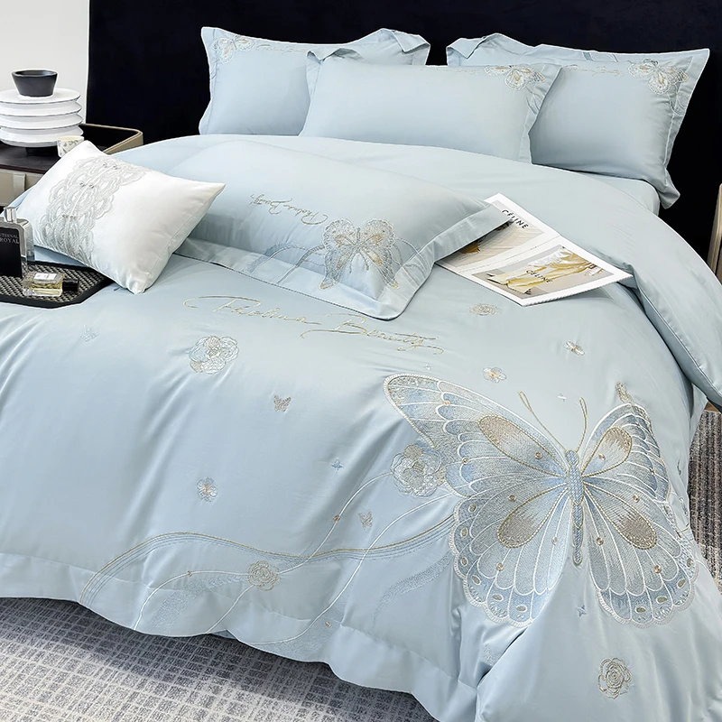 轻奢风A类全棉四件套四季通用长绒棉刺绣被套床单床笠床上四件套