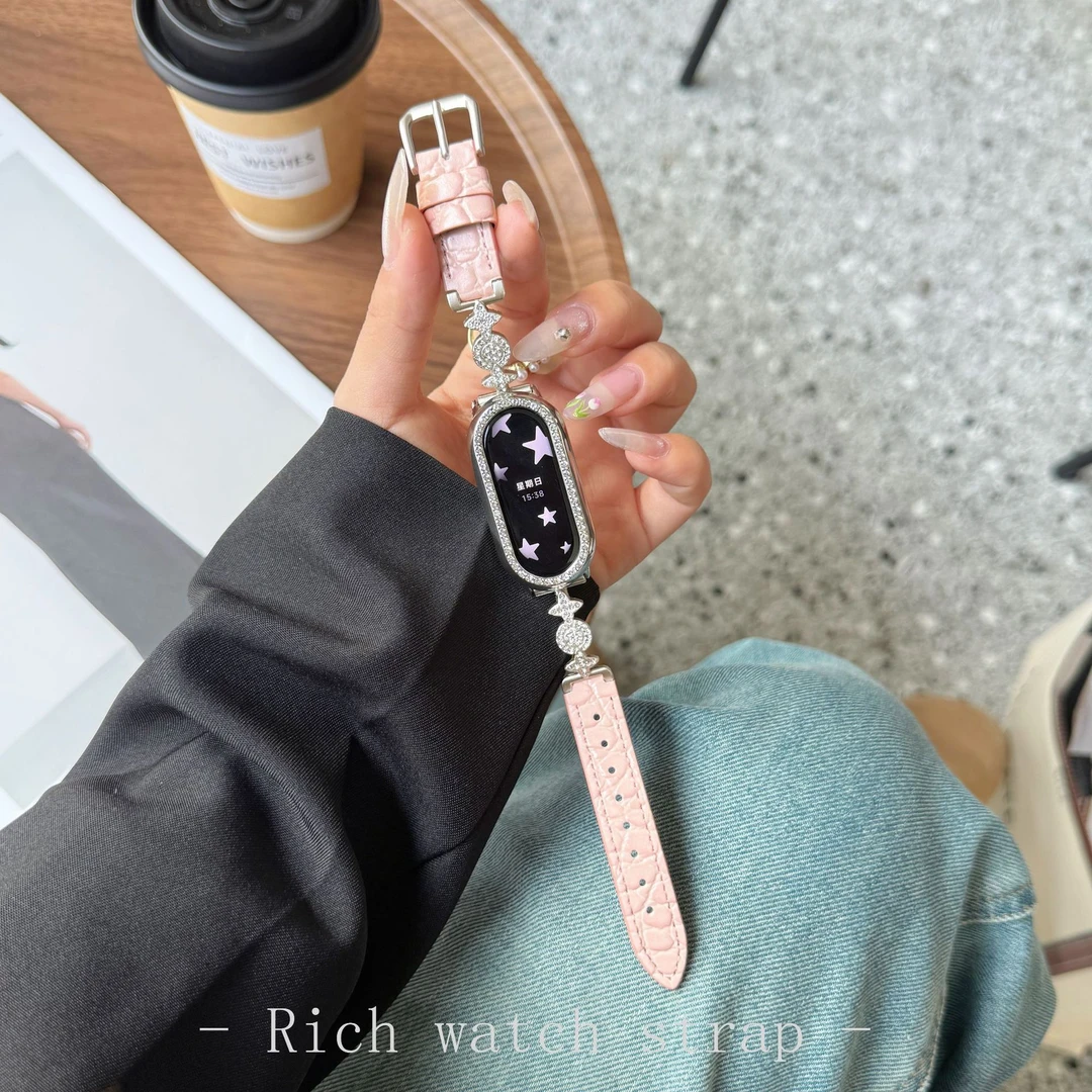 十字花金属真皮拼接表带适用小米手环9pro/小米8小众ins华为9/8女