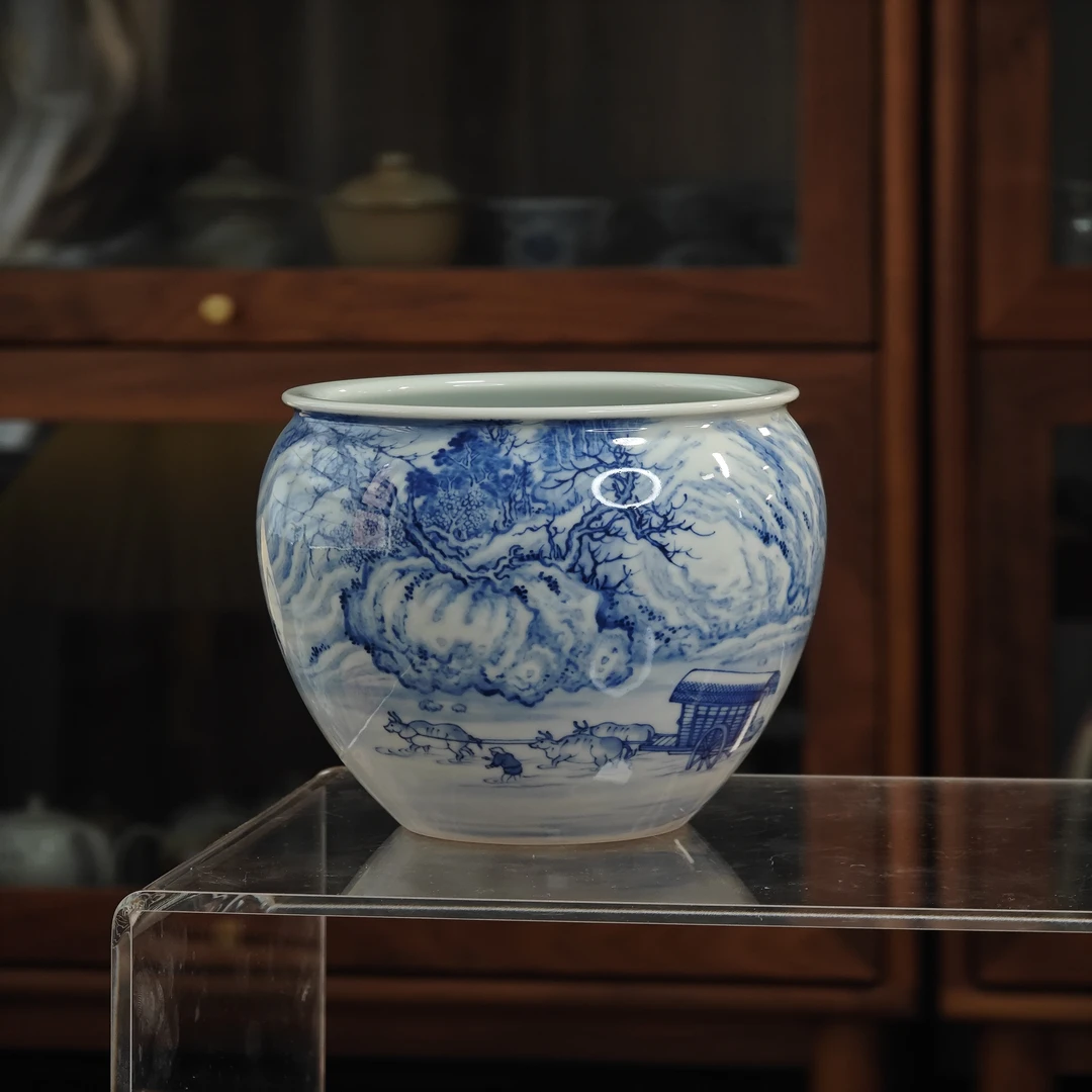 手绘釉下青花人物山水水盂复古陶瓷中式家用茶具