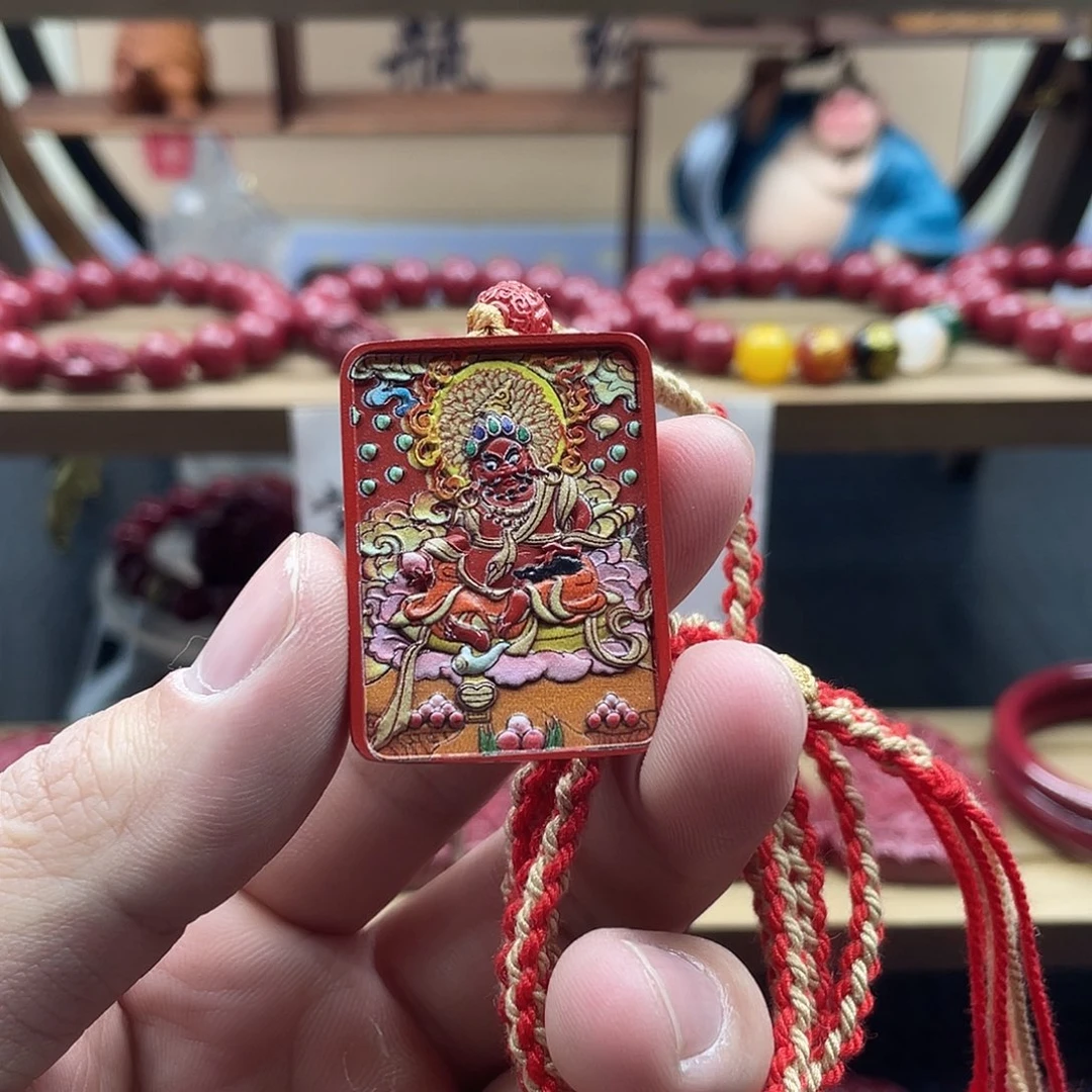 天然辰砂朱砂黄财神唐卡吊坠