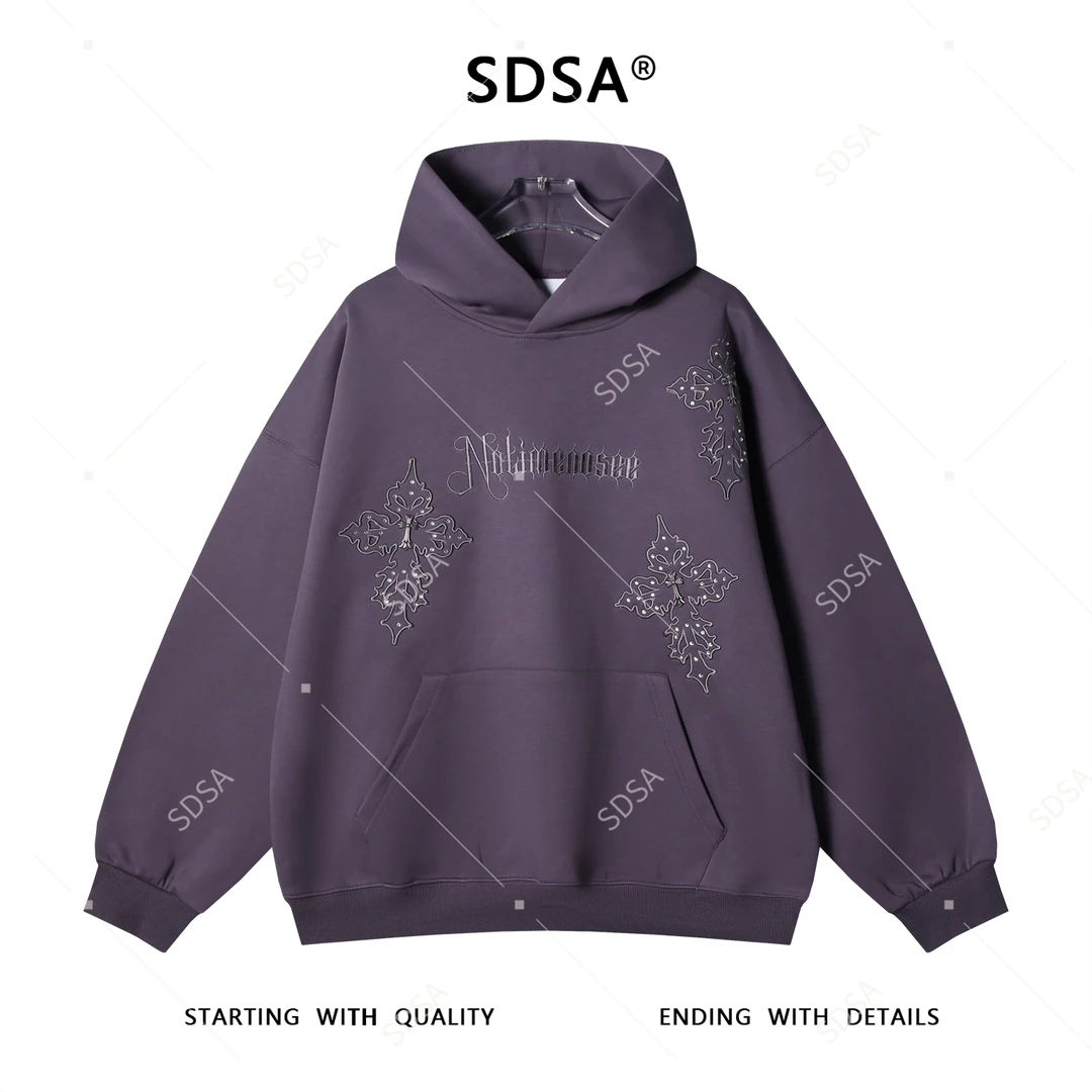 SDSA秋冬新款痞帅男装潮牌刺绣字母连帽卫衣十字金属装饰百搭上衣