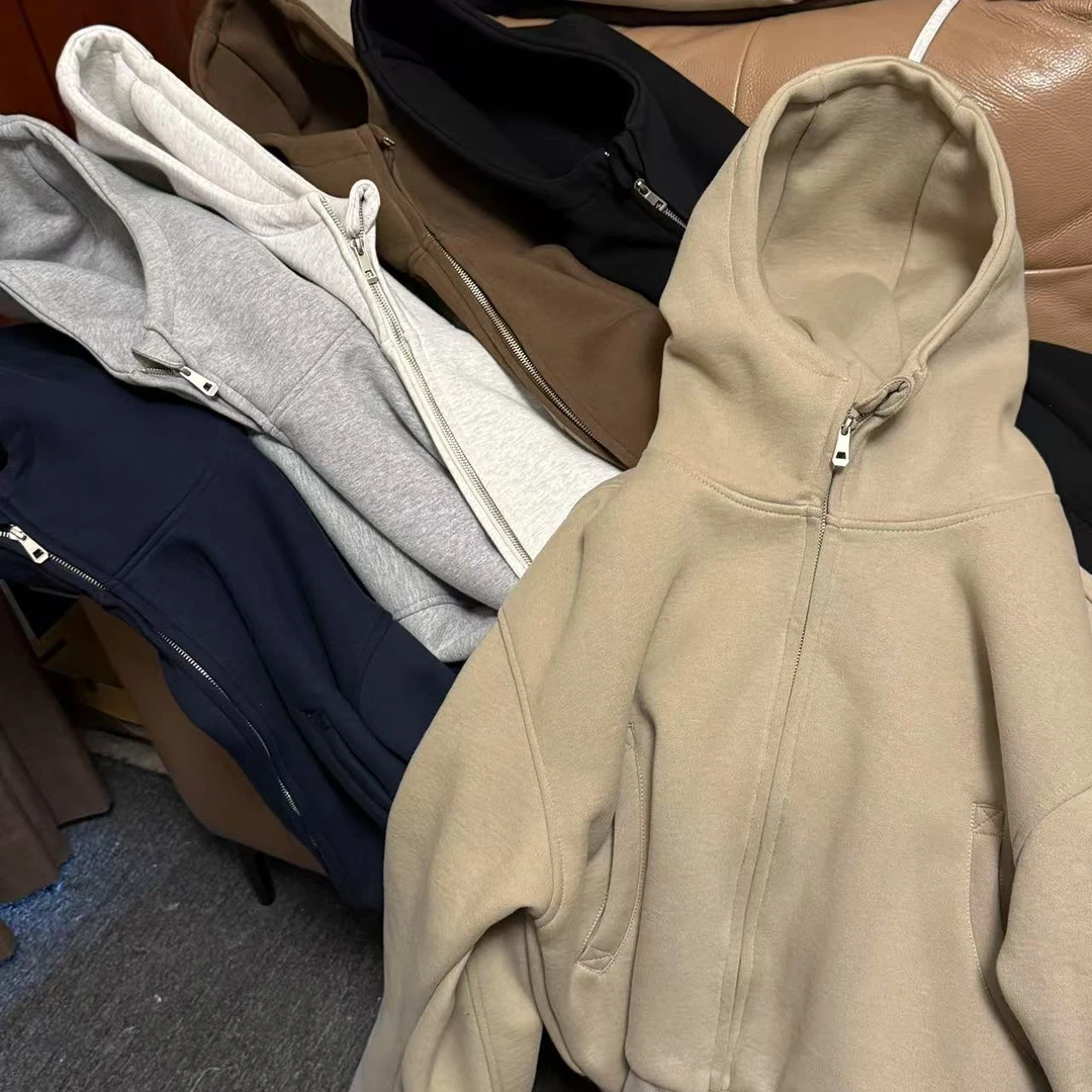 【WY982】男女加厚不加绒半高领连帽卫衣开衫cleanfit短宽外套