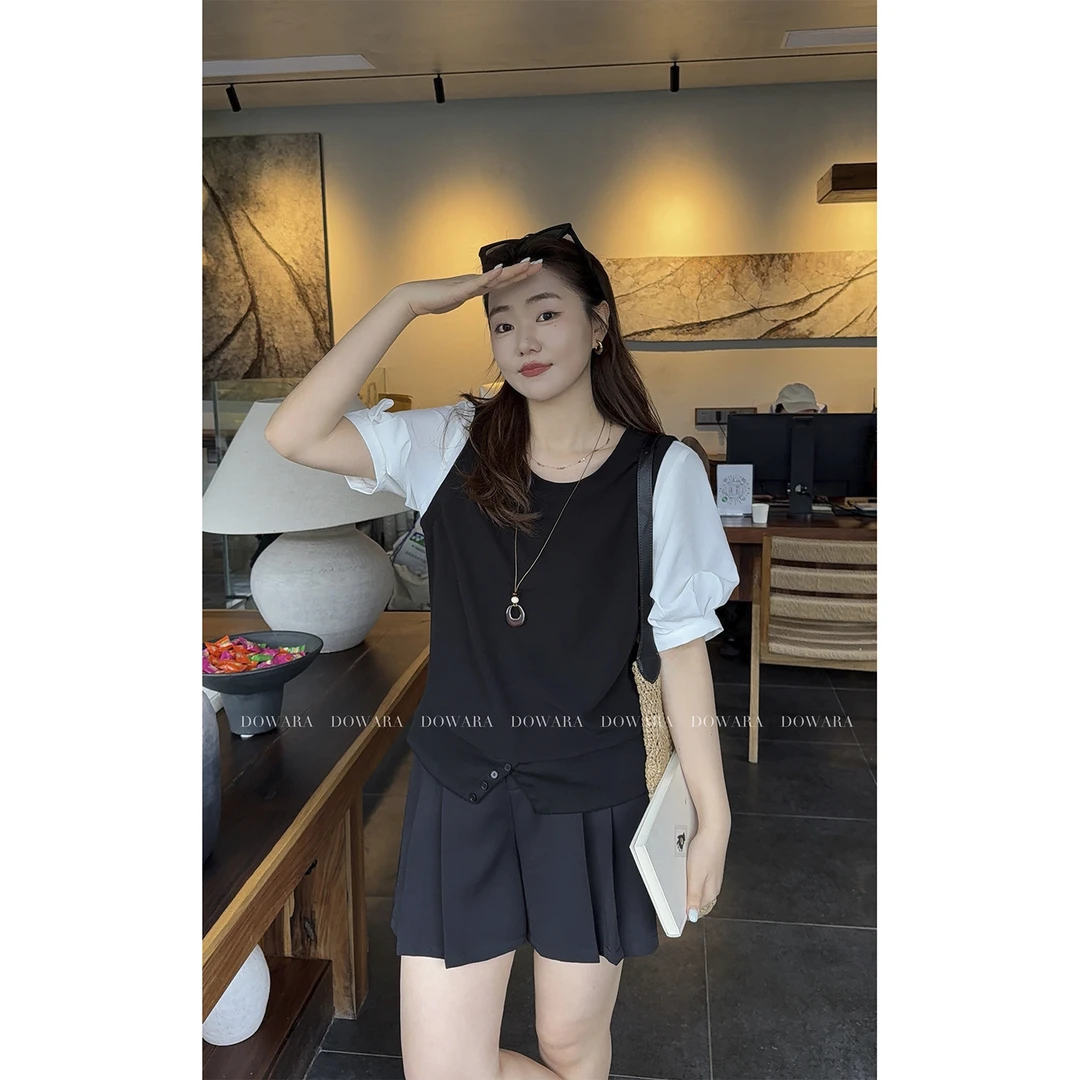 现货大婉酱微胖定制韩系百搭设计感假两件上衣女夏季简约T恤9756D