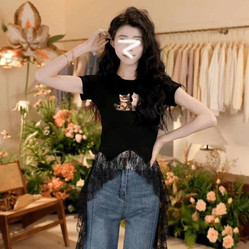 气质轻奢动物印花蕾丝拼接T恤女2025夏新款设计感气质时髦上衣潮