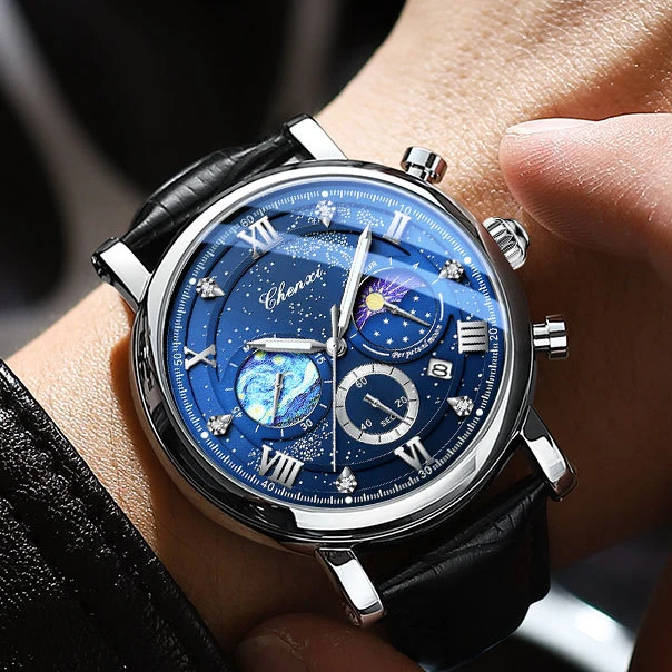 [金仓现发]梵高大师蓝面男士时尚大气高端腕表日历款防水夜光-1Q