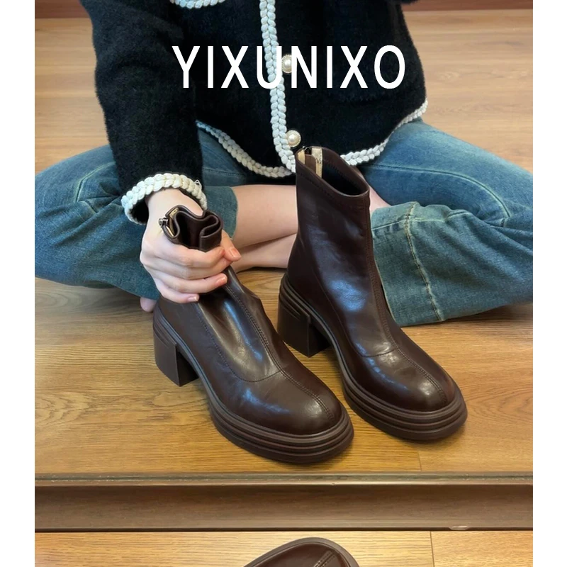 羊皮版~小个子增高短靴女厚底防水台马丁靴后拉链靴子新款瘦瘦靴