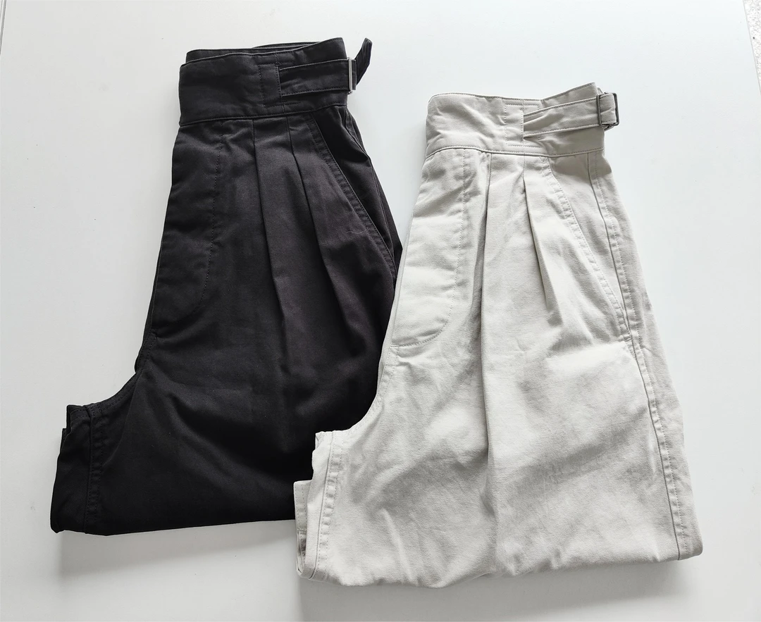 双褶纯棉高腰休闲腰袢五分裤