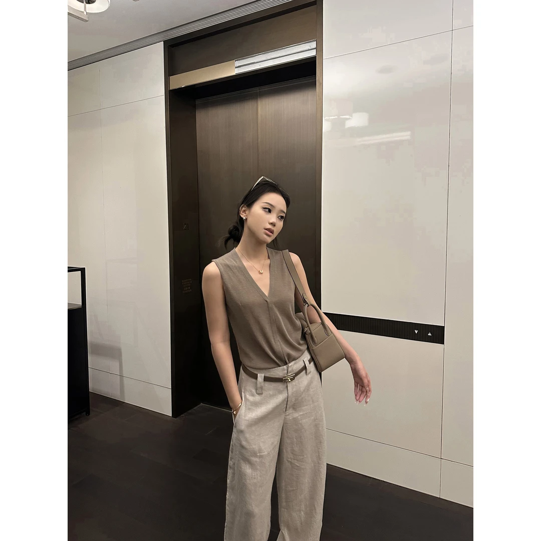 5werkwen 清透老钱系 天丝亚麻v领无袖轻薄内搭女背心34-03