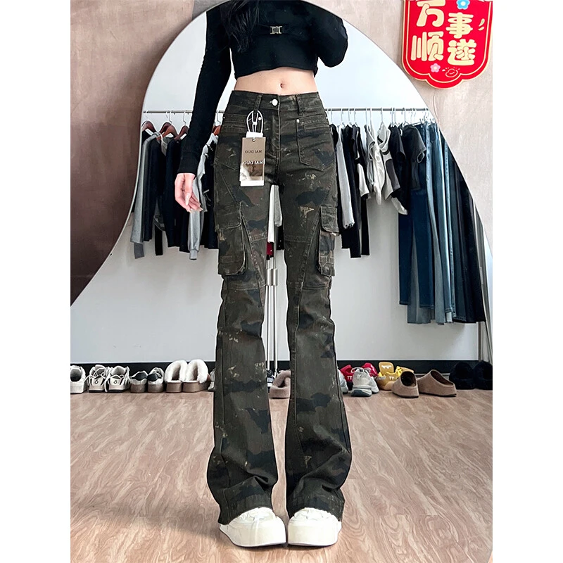 美式复古迷彩多口袋修身工装裤女2025春夏高腰显瘦嘻哈微喇叭裤子