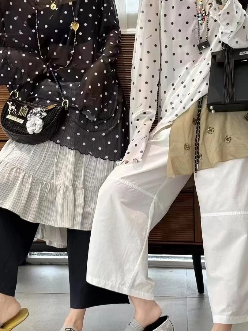 亲妈~2025夏薄款叠穿上衣打底衫 波点网纱圆领长袖面膜T恤上衣女