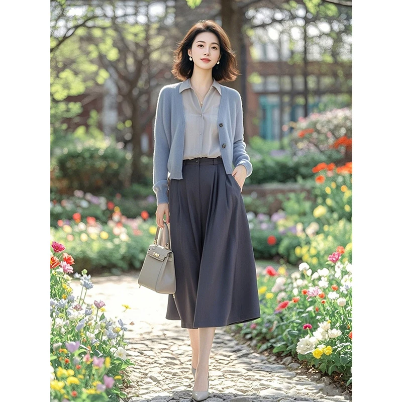 秋季新款显瘦通勤休闲蓝色长袖针织开衫气质高腰半身裙两件套装女