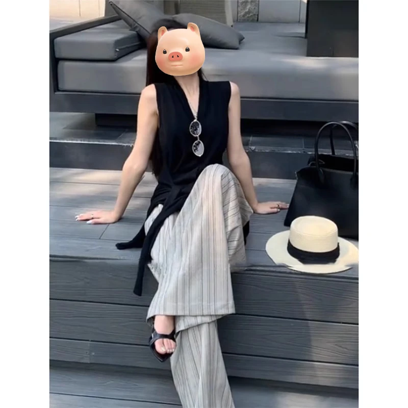 法式V领黑色冰丝针织吊带背心女夏季设计感小众修身无袖薄款上衣