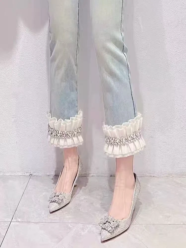 直筒窄版蕾丝牛仔裤高腰显瘦钉珠小个子百搭烟管裤子打底裤8863