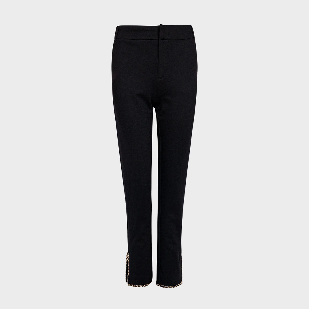 【六丑】新款时尚女士黑色拼皮边链条小脚休闲裤（加绒）511XXK0174