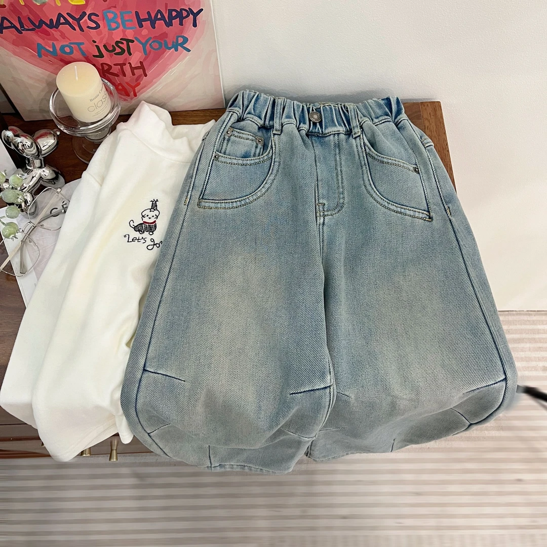 女童深秋款直筒加绒加厚牛仔裤2025新款儿童中大童休闲百搭长裤