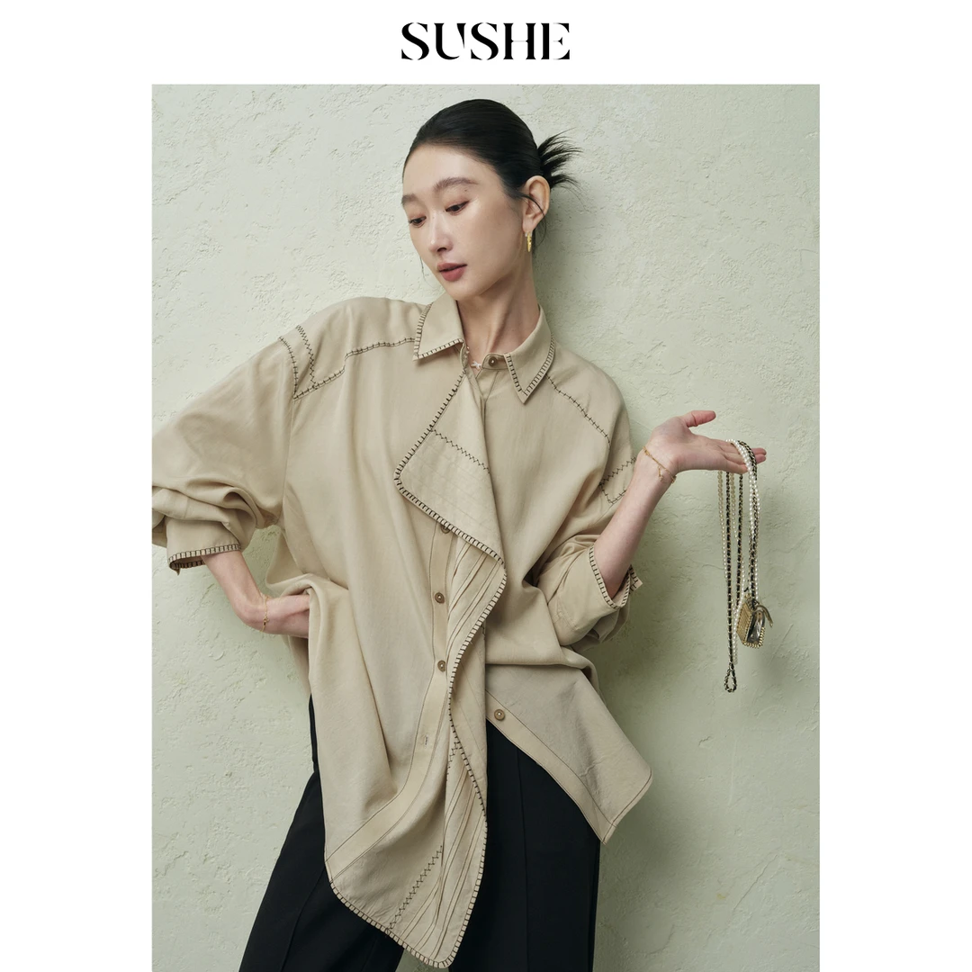 束皙SUSHE 纤云 浪漫法式 天丝不规则门襟撞色绣线宽松衬衫女春季