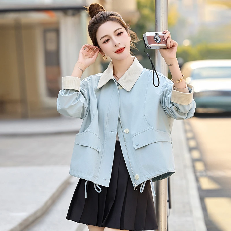 蓝色撞色翻领工装风衣外套女2025春新款韩系宽松减龄休闲夹克上衣